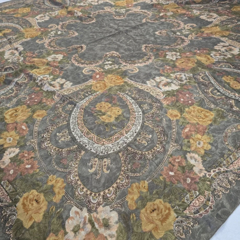 Vintage Floral Paisley Oversized Square Scarf Grey Yellow Rose 53x53 Shawl